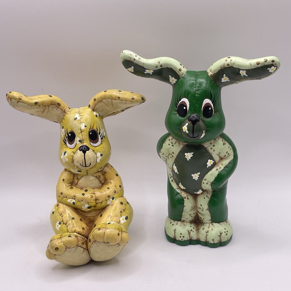 Vintage 1980s Ceramic Quilted Bunny Rabbit Figurines Easter Spring Set of 2